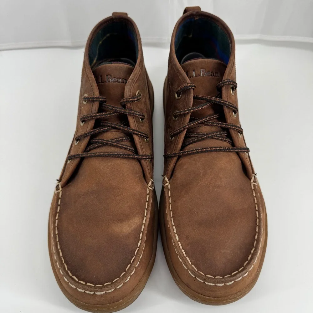 L.L.Bean Chukka Boots Mens 11 Brown Leather Plaid Lined Moc Toe 504638